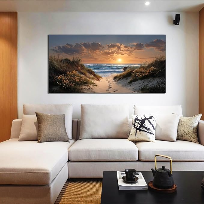 Sunset Canvas Wall Art Brown Wall Decor Seascape Art Print Landscape Wall Decorations Large Blue Picture 24" x 48" Coastal Artwork for Living Room Bedroom Office