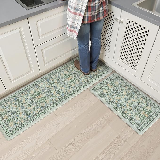 Collive Anti Fatigue Mats for Kitchen Floor, Cushioned Waterproof Sink Rug Set of 2 Spring Floral Kitchen Mat Comfort Non Skid Standing Rug for Office, Desk, Laundry, 17"x30"+17"x59"