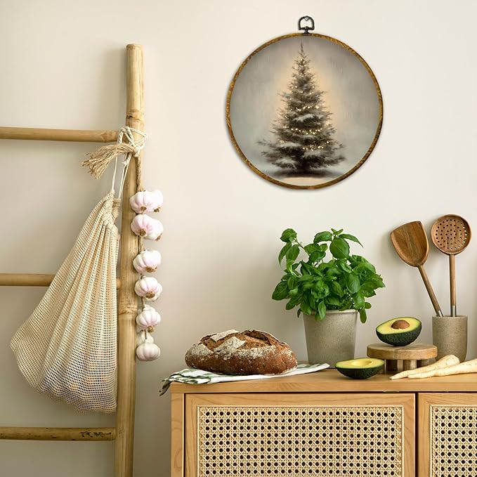 QZQE Vintage Christmas Tree Round Wall Art Decor Framed, Winter Xmas Tree Circle Canvas Prints, Rustic Cozy Winter Cottagecore Circular Wall Hanging Decor for Home Bedroom Living Room, 10x10 Inch