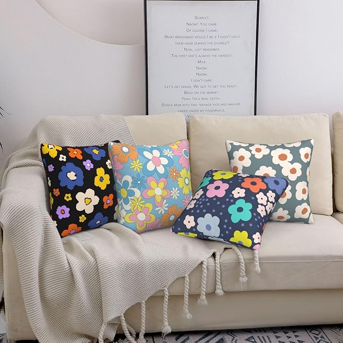 Boho Hippie Floral Pillow Covers 18 x 18 Inch Retro Groovy Throw Pillow Cover Set of 4 Colorful Boho Daisy Flowers Cushion Cover for Holiday Home Couch Sofa Decoration