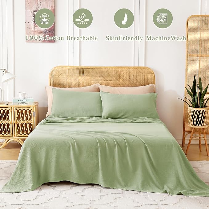 Twin Sheets Set 100% Cotton Bed Sheets Gauze 3 Pcs Sage Green Fall Line Like Sheet Set 16" Deep Pocket Twin Sheet & Pillowcase Sets Boho Muslin Soft All Season Bedding Sets Easy Care