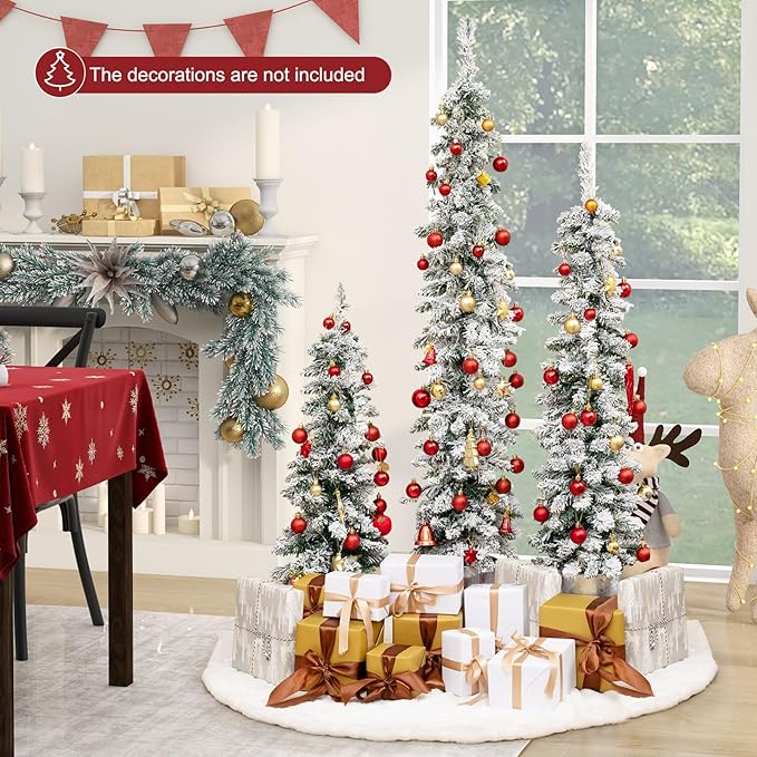 GOFLAME Set of 3 Pre-Lit Potted Christmas Trees, Snow Flocked Pencil Christmas Tree Set 3Ft, 4Ft and 5Ft with Warm White LED Lights, 8 Lighting Modes, Timer, Holiday Decoration Tree for Home Party