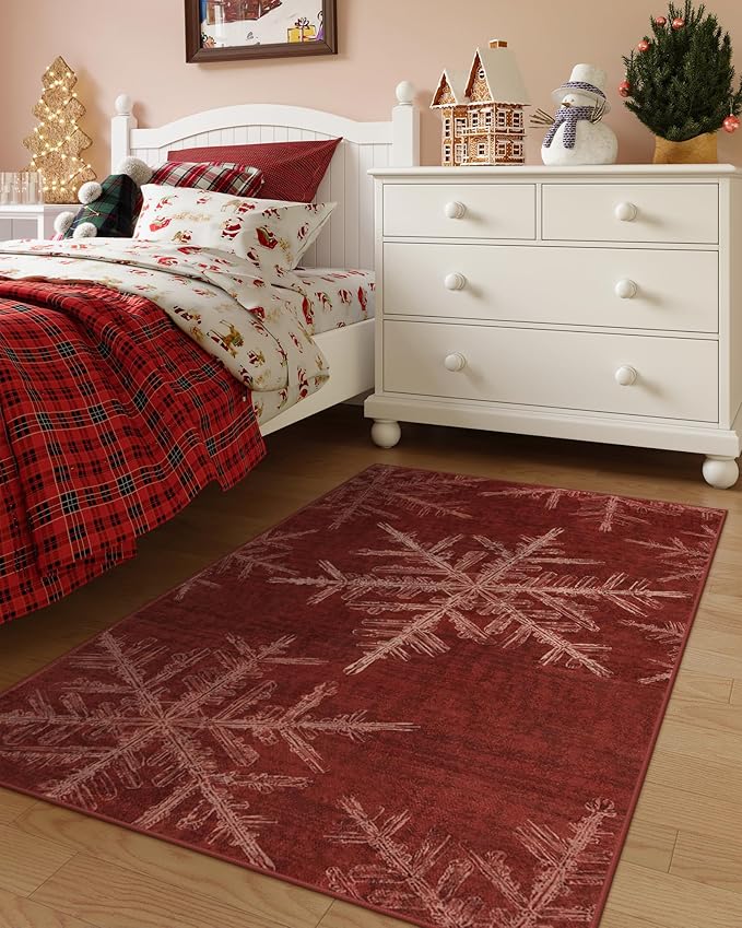 Lahome Christmas Washable Area Rugs, 3x5 Snowflake Entryway Rugs Indoor Non Slip Washable Red Rugs for Bedroom Holiday Decor, Soft Ultra-Thin Carpet for Living Room Kitchen Bathroom(3'x 5',Red)