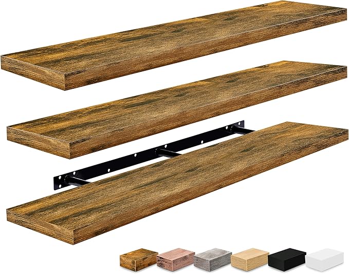 Sorbus Floating Shelves for Wall - 55 Inch Extra-Long Bathroom Shelves, Wall Decor for Bedroom, Kitchen, Living Room, Book Storage - Mounted Floating Shelf with Hidden Brackets (Rustic Brown, 3 Pack)