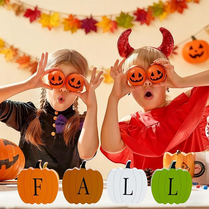 QINJIEJIE Fall Pumpkin Decor, Autumn Decorations for Home Halloween Decor Indoor, 4 Pcs Double-sided Pumpkin Wooden Sign, Thanksgiving Decorations for Indoor Home Office Table Tiered Tray Mantel