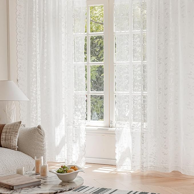 White Lace Sheer Curtains 84 inches Long – Vintage Leaf Pattern Lace for Living Room/Bedroom, Light Filtering Rod Pocket Drapes, Privacy Chic Window Treatments, 52W x 84L Inch, 2-Panel Set