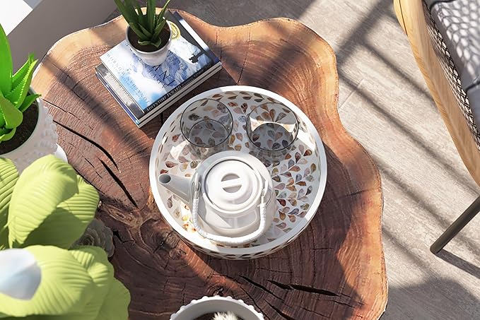 PEMAR 12.6” Mother of Pearl Round Serving Tray with Handles, Decorative Nacred Wooden Ottoman Coffee Table Tray for Dining, Party, Dinner, Breakfast in Bed (Brown Floral Pattern)
