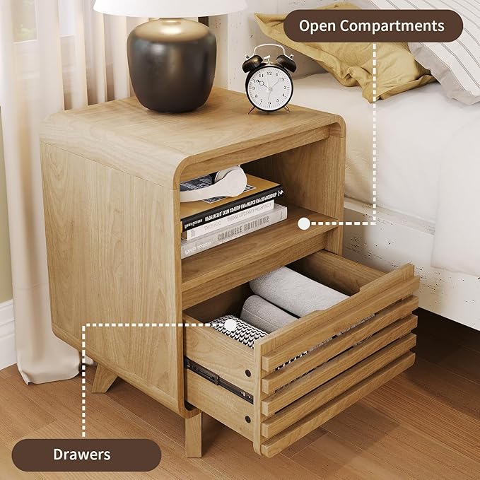 Fluted Night Stand Nightstand with Drawer Storage Grille Bed Side Table End Table Large Modern Wide Bedside Stand Tall Night Stands for Bedroom Living Room Sofa Couch Home Office, Natural Oak