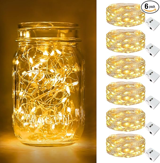 btfarm 6 Pack LED Fairy Lights Battery Operated 3 Modes, 7ft 20 Led Twinkle String Lights Waterproof, Mini Silver Wire Firefly Starry Moon Lights for DIY Christmas Mason jars Wedding Table Centerpiece