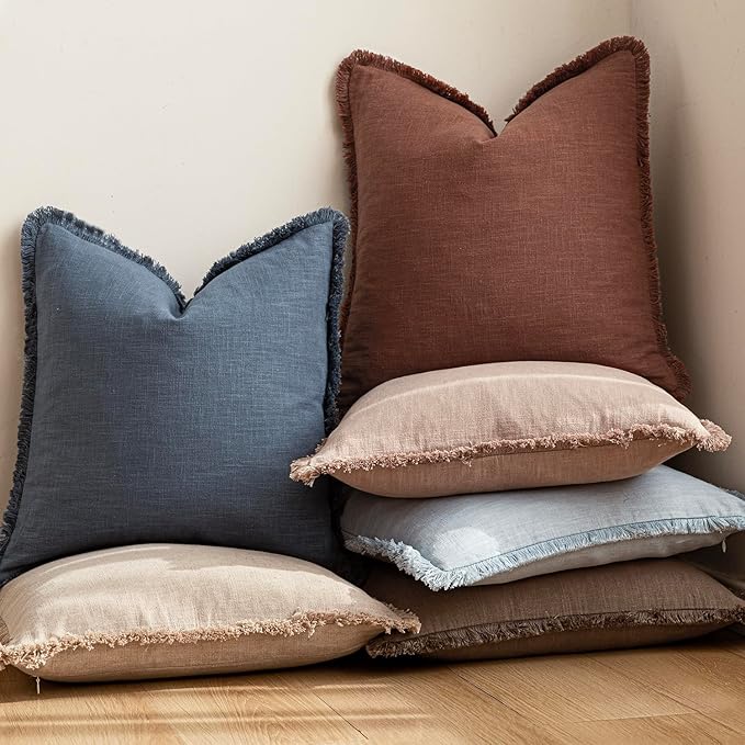 Foindtower Set of 2 Decorative Linen Fringe Throw Pillow Covers Boho Farmhouse Cushion Cover with Tassels Soft Accent Pillowcase for Couch Chair Sofa Bed Living Room Home Decor,24×24 Inch,Rust Red