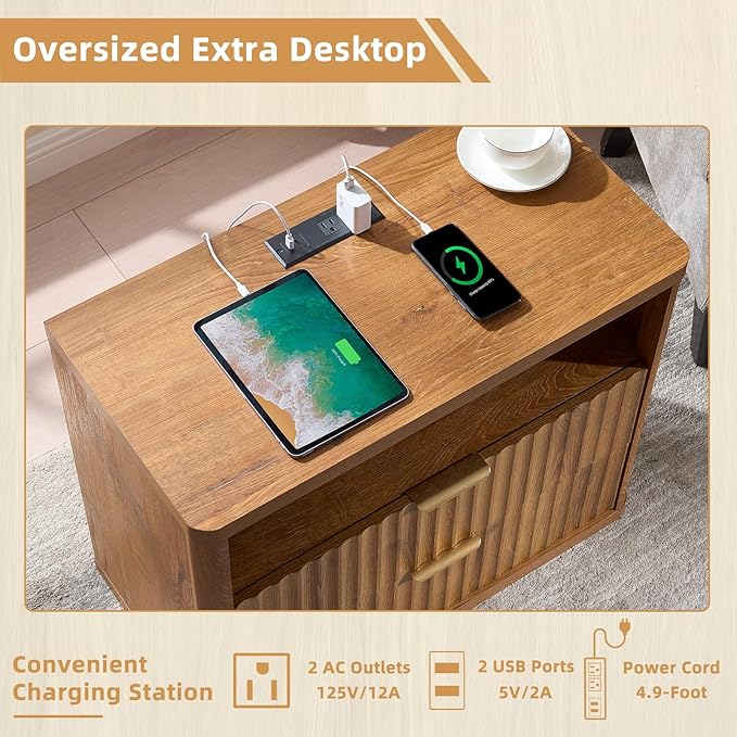 LEYAOYAO 31" Wide Fluted Nightstand with Charging Station, Oversized Extra Large 2 Drawers Night Stand,Brown Wood Bedside Table,Tall Bed Side End Tables,Modern Chest of Drawers Dressers for Bedroom