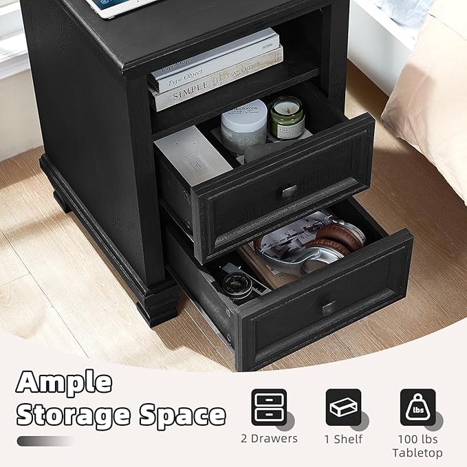 Farmhouse Nightstand Set of 2 with Charging Station, Rustic Black Nightstand,2 Drawers End Table for Living Room,Bedside Table with Open Shelf for Bed Room,Black