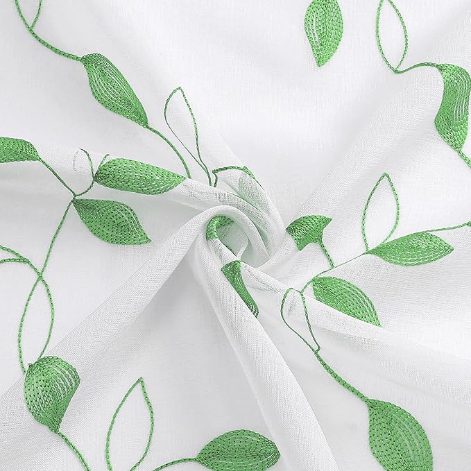 Tollpiz Green Leaf Sheer Curtain Leaves Embroidered Bedroom Curtains Rod Pocket Voile Window Treatment for Living Room, 54 x 95 inches Long, Set of 2 Panels