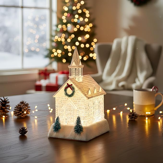 Christmas Lighted Church Water Lantern Snow Globe with Evergreens and Wreath, USB Lined/Battery Operated Lighted Lantern for Christmas Festival Decoration Gifts