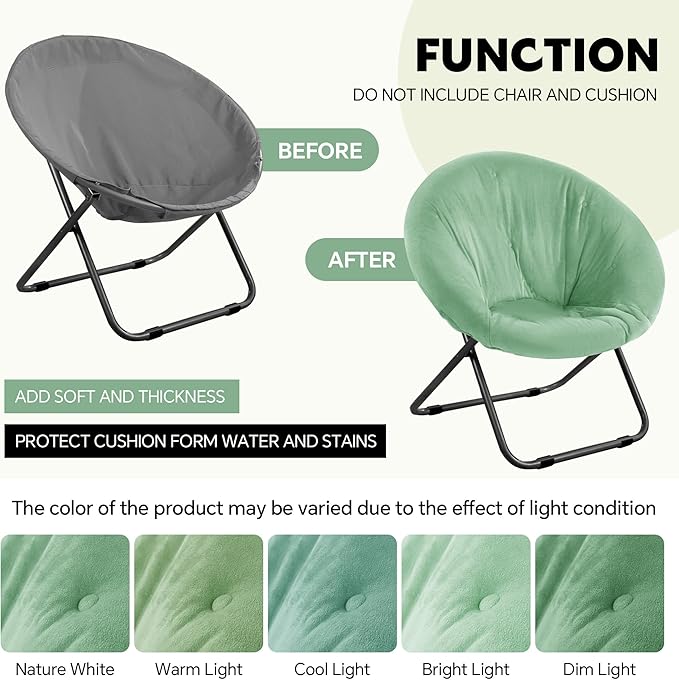 HOMBYS Extra Thick Saucer Chair Cushion Cover for Adults - Furry and Soft Round Moon Chair Cover for Indoor & Outdoor Use, Stretch and Elastic Closure, Removable and Machine Washable, Sage Green