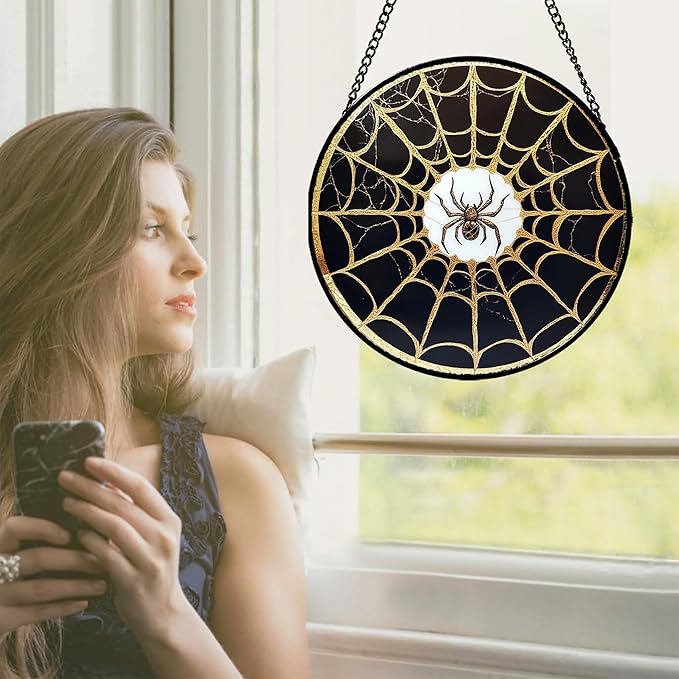 Stained Glass Window Hanging - Black Gold Spider Suncatcher for Door Terrace Garden Home Decor Halloween Sun Catcher Christmas Birthday Gifts for Lovers Women Men Dad Mom Nana 9.8 in