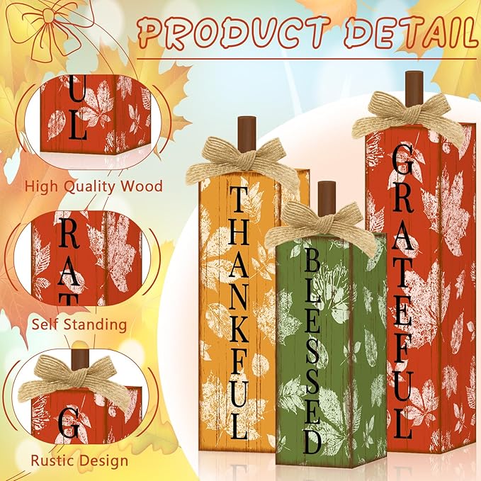 3 Pcs Thanksgiving Table Decor Fall Decorations for Home Wooden Tiered Tray Decor, Colorful Blessed Thankful Grateful Farmhouse Tabletop Centerpieces for Home Office and Kitchen Indoor