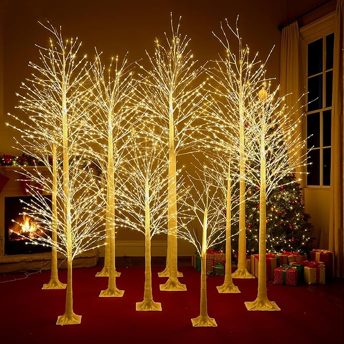 Baquler 12 Pack Lighted Birch Tree - Artificial LED Warm-White Light Birch Tree Decoration for Christmas Holiday Party Wedding Festival Decor, Indoor & Outdoor (4 6 8 ft)