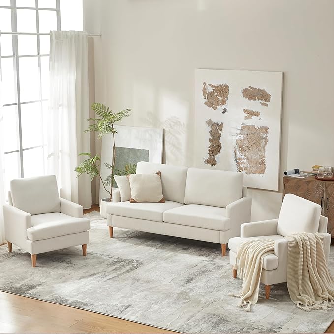 VKNOW Mid-Century Accent Chair, Modern Upholstered Chenille Armchair for Living Room,Comfy Reading Accent Chairs with Wood Legs for Bedroom, Beige Polyester