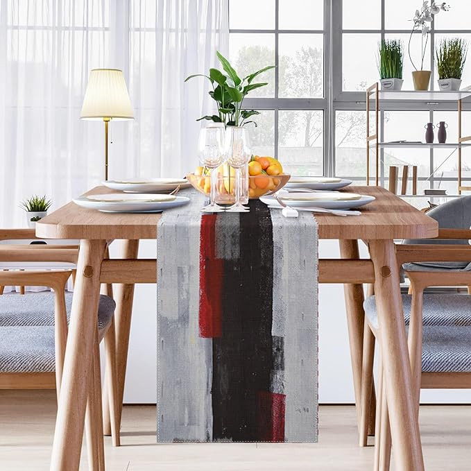 Emvency Black and White Table Runner, Modern Grey Red Art Painting for Kitchen Coffee Table Family Dinners Holiday Parties Wedding Events Decor(13x108 inch)