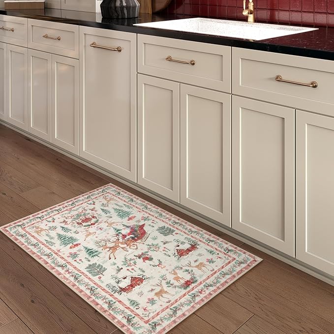 Lahome Indoor Christmas Rug 2x3 Small Kitchen Bathroom Rugs for Entryway,Washable Soft Non-Slip Christmas Tree Santa Claus Area Rug,Door Mat for Winter Living Room Bedroom Holiday Decor(2x3,Beige)