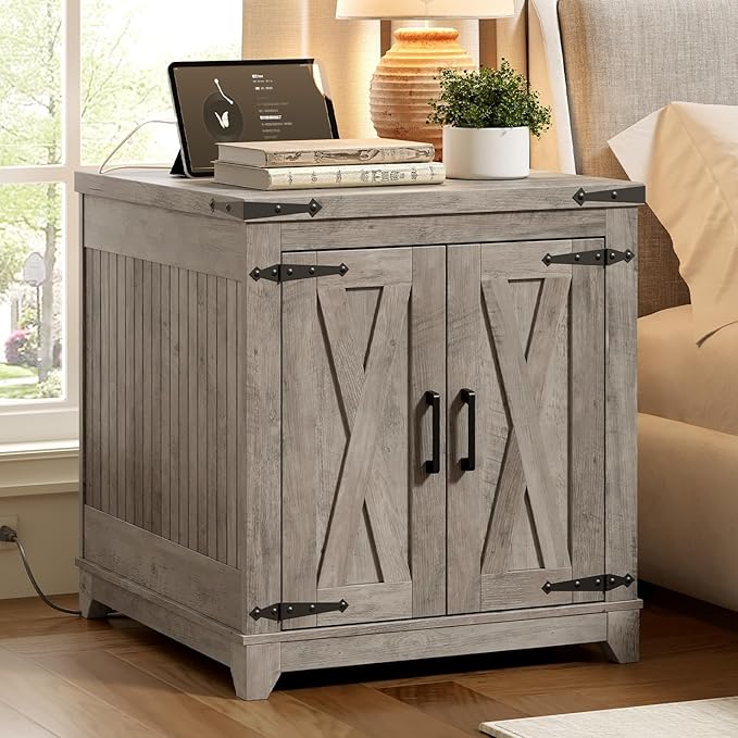 Farmhouse Side Table, Large End Table with Charging Station, Sofa Side Table with Adjustable Shelf and Barn Door, Wooden Nightstand for Living Room, Bedroom, Office, Greige
