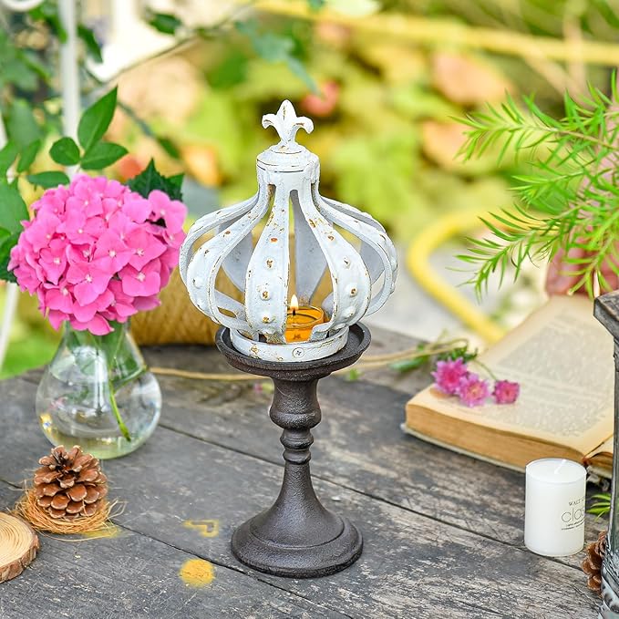 Sungmor Cast Iron Crown Sculpture, Antique White with Rustic Accent, Creative Candle Cover, Centerpiece Art Crown Statue for Tabletop Decor, Bookshelf, Special Occasions