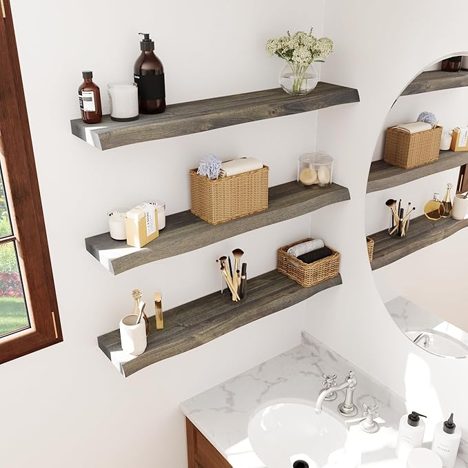 24" Acacia Live Edge Floating Shelves Set of 2 - Wall Mounted Wooden Shelf for Stylish Home Décor - Mocha Color 24x7.5x1.5 Inches