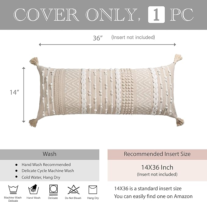 BlissBlush Cream Decorative Lumbar Throw Pillow Cover 14x36 Boho Long Cushion for Bed Neutral Beige White Accent Modern Farmhouse Pillowcase for Bedroom Living Room Couch Sofa Home Décor Cover ONLY