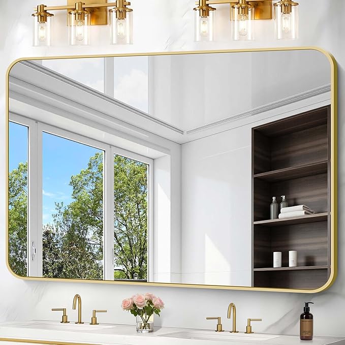 55"x36" Gold Bathroom Mirror, Large Rectangle Mirror, Rectangular Wall Mirror, Rounded Corner Vanity Mirror with Aluminum Metal Frame for Bathroom Bedroom Living Room Horizontal/Vertical