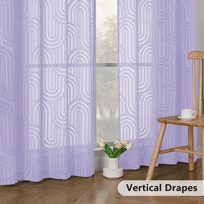 Simplebrand Lavender Sheer Curtains 54 Inch Length 2 Panels, Geometric Mid Century Jacquard Clip Textured Short Curtains Sheer for Bedroom, Light Filtering Rod Pocket Window Curtains, 42Wx54L Inches