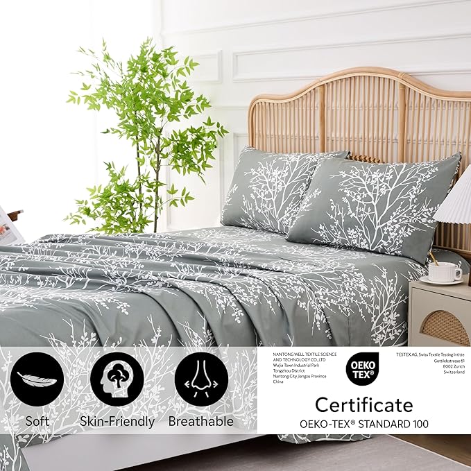 Spirit Linen home Queen Size Bed Sheets - Pure Microfiber 4 Piece Polyester Bed Sheets with Deep Pockets, 90 Thread Count, Fitted Sheet & Pillow Cases, Grey/White