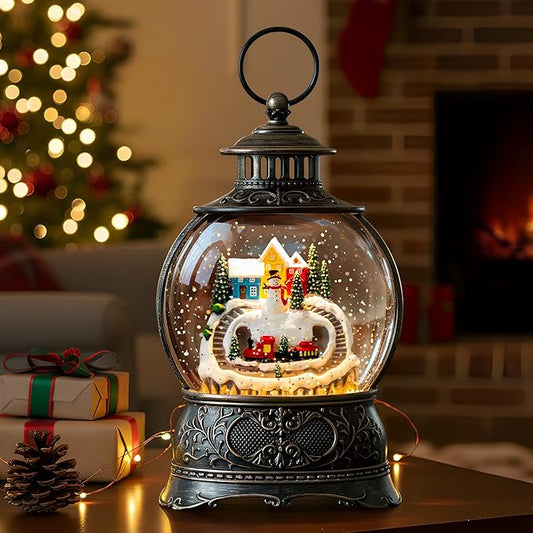 9.8" Christmas Snow Globe Water Lantern with Snowman and Train Scene Battery Operated or USB Powered Musical Lighted Holiday Decoration for Tabletop Display for Family and Friends