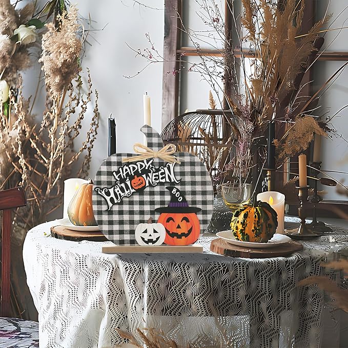 Super Holiday Halloween Pumpkin Decorations, 11"/28CM Wooden Buffalo Plaid Tabletop Decorations, for Home Farmhouse Living Room Indoor Party Decor.