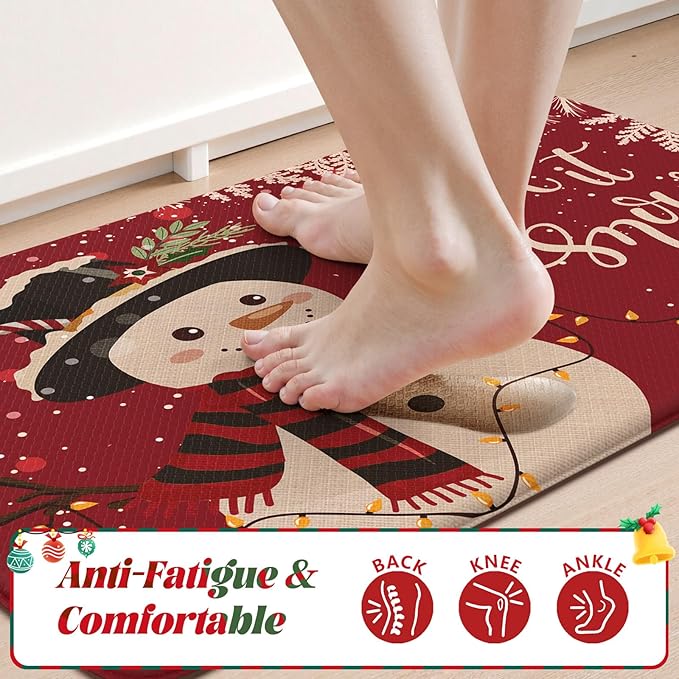 Christmas Snowman Anti Fatigue Mats for Kitchen Floor, Red Winter Xmas Tree Cushioned Kitchen Rugs Sets of 2, Waterproof Non Slip Sink Rug Comfort Standing Mat for Holiday Decor 17x30+17x47 inch