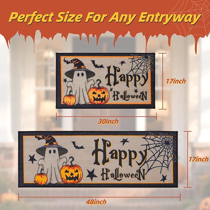 JSEI Halloween Holiday Kitchen Mats for Floor, Non-Slip Ghost and Pumpkins Decorative Kitchen Rugs Set of 2, Home Decor Low-Profile Kitchen Runner Rug Washable, 17"x30"+17"x48", Cute Ghost Pattern