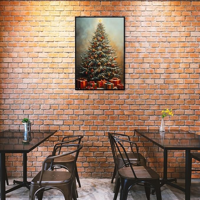 Vintage christmas wall art winter pine tree canvas poster xmas tree gift prints painting festive mood background wall decoration for living room bedroom black framed16x24inch