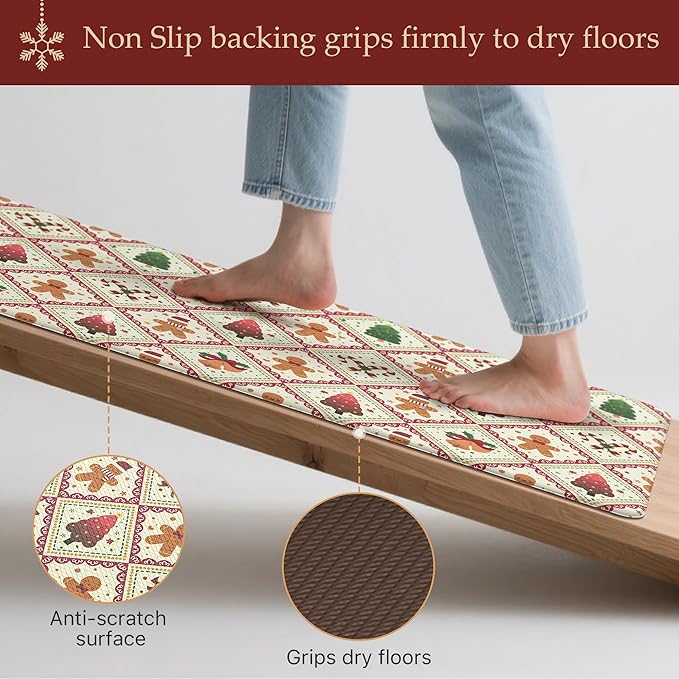 GENIMO Christmas Decorations - Kitchen Mats for Floor, 2PCS Christmas Kitchen Rugs, Cushioned Anti Fatigue Mat for Home Decor, Waterproof Non Slip Standing Mat for Laundry, 17.3"x47"+17.3"x30", Red