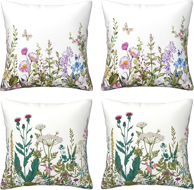 Wildflowers Throw Pillow Covers 18x18 Set of 4 Farmhouse Decorative Pillow Covers Floral Outdoor Patio Pillow Cases Cushions Cover for Living Room Couch Sofa Bed Home Decor