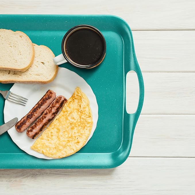 KINGEN 2-Pack Evergreen Serving Trays -18×13-inch Extra Large w/Handles Tray, Holiday Platters for Holiday Buffets, BBQ, Party Serving, Christmas Dinner Green Designed for Christmas (Bamboo Fiber)