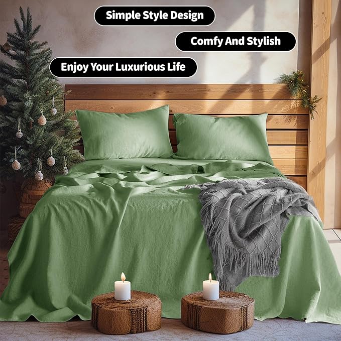 LBRO2M 100% Linen Sheet Set California King Size,Bed Sheets 4 Piece Sets,Solid Color Natural Flax Bed Sheets Soft Breathable Bedding,16" Deep Pocket,All Season (Clifornia King, Green)
