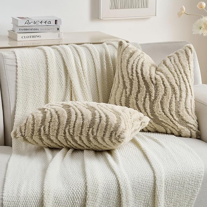 FUTEI Beige Decorative Throw Pillow Covers 12x20 Inch Set of 2,Soft Faux Fur Geometric Shapes Texture Pillowcase,Boho Home Decor for Couch Bed Living Room