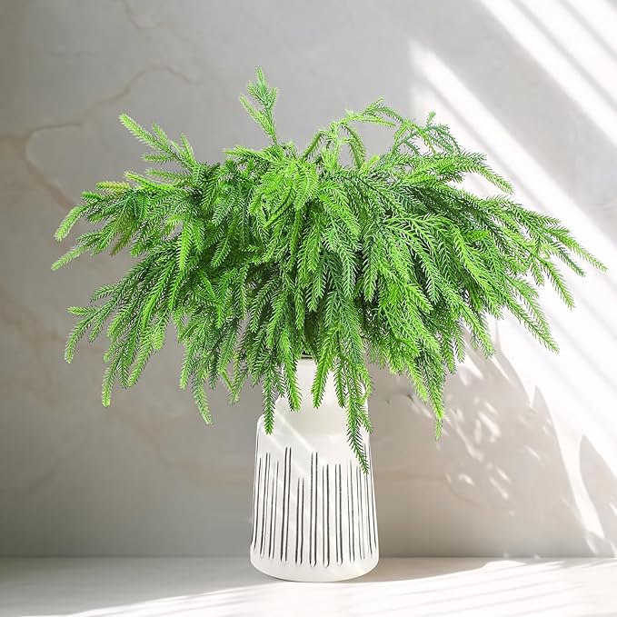 Jutom 100 Pcs 18 Inch Christmas Norfolk Pine Branches, Lifelike Bendable Non-Shedding Greenery Stems Faux Pine Picks for Christmas Mantel Centerpiece Garland Wreath and Holiday Decor