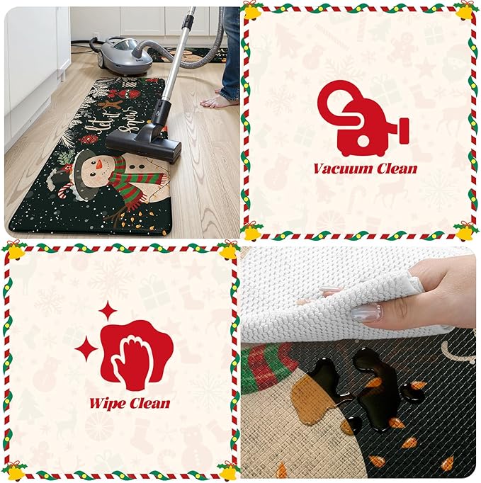Christmas Snowman Kitchen Mat, Non Skid Cushioned Kitchen Floor Mats Sets of 2 Waterproof Anti Fatigue Kitchen Rug, Winter Xmas Tree Mat Black Comfort Standing Rugs for Holiday Decor 17x30+17x47inch