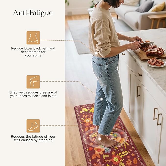 GENIMO Kitchen Mats for Floor 2PCS, Cushioned Kitchen Rugs Non Slip Washable, Farmhouse Anti Fatigue Mat Waterproof, Comfort Standing Mat Rug for Office, Home, Laundry, 17.3"x47"+17.3"x30", Red