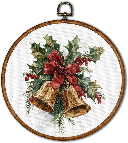 KSDUT Christmas Wall Decor Art - Vintage Xmas Holiday Wall Art Canvas Frame Hanging Prints, Retro Bell Bow Round Wall Art Decor for Home Farmhouse Decorations 10"x10"