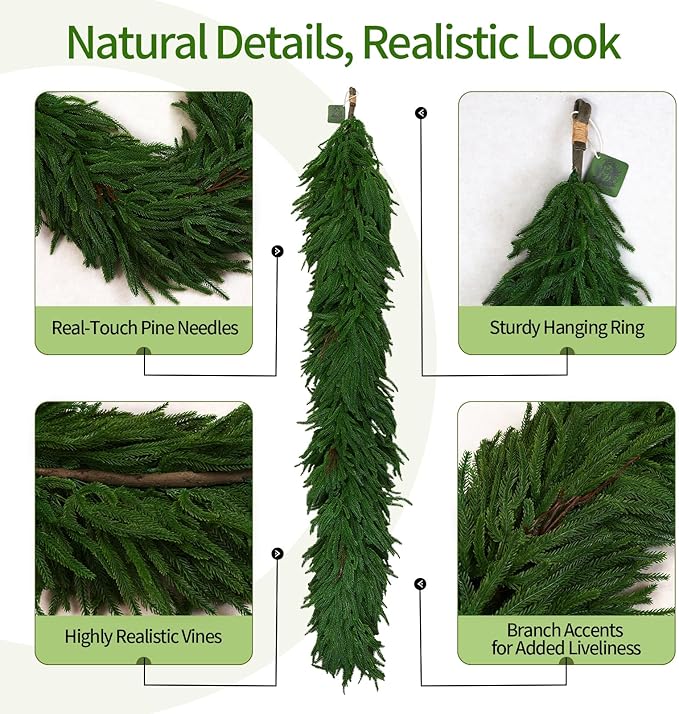 Christmas Garlands Norfolk Pine – 6FT Real Touch Mantle Garland, Artificial Greenery for Staircase, Front Door, Fireplace, and Holiday Indoor & Outdoor Decoration(1, 6FT)