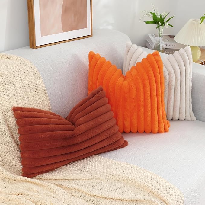 decorUhome Faux Fur Throw Pillow Covers 16x16 Set of 2, Decorative Soft Plush Striped Neutral Couch Euro Pillow Covers with Velvet Back for Sofa, Bed, Living Room Home Decor, Beige
