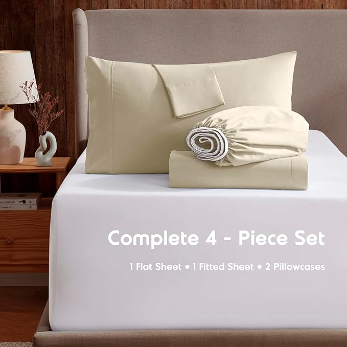 Nestl Extra Deep Twin XL Sheet Set - 4 Piece Breathable & Cooling Sheets - Hotel Luxury Bedding Set w/18-24 Inch Deep Pockets - Easy & Secure Fit - Super Soft, Wrinkle Free & Comfy - Beige Cream