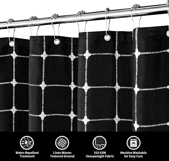 MitoVilla Boho Farmhouse Shower Curtain Set 72 x 78, Black 78 inch Long Polyester Linen Tassel Fabric Shower Curtain Set for Chic Cottagecore French Rustic Bathroom Decor